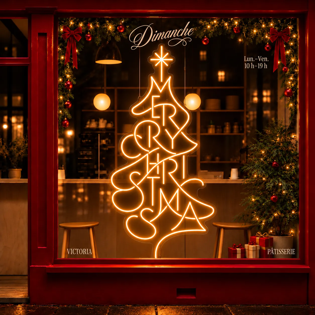 Néon « Merry Christmas » en forme de sapin illuminant une vitrine rouge