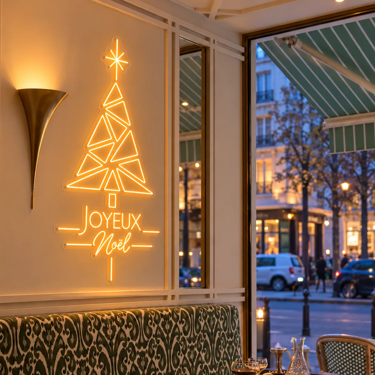 Néon sapin géométrique « Joyeux Noël » sur le mur d’un café parisien