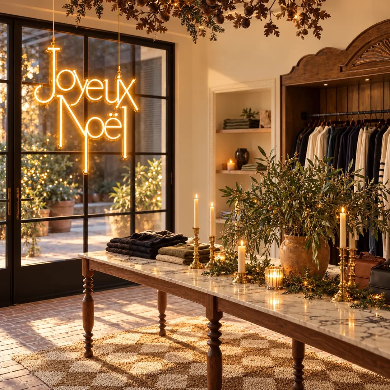 Néon « Joyeux Noël » suspendu devant une baie vitrée de boutique