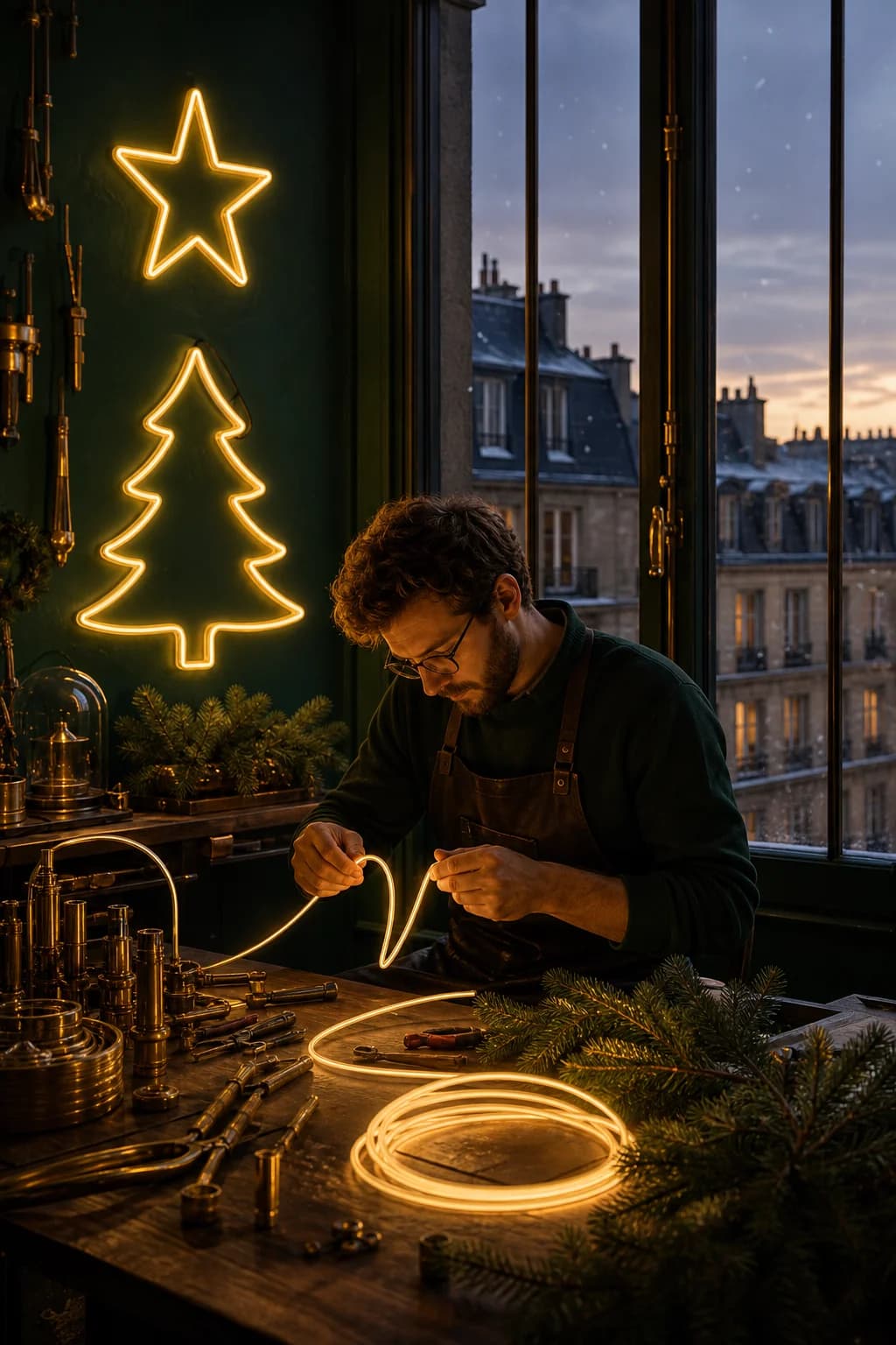 Atelier où un néon étoile et un sapin lumineux brillent sur un mur vert profond