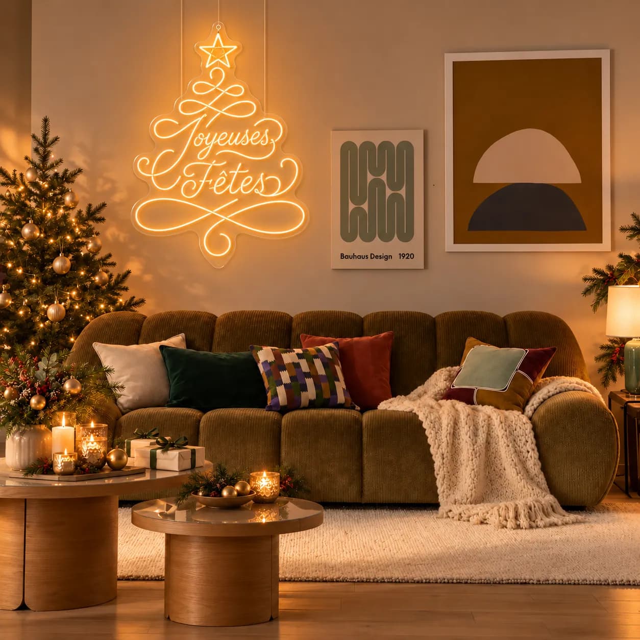 Joyeuses Fêtes mis en scène dans un intérieur