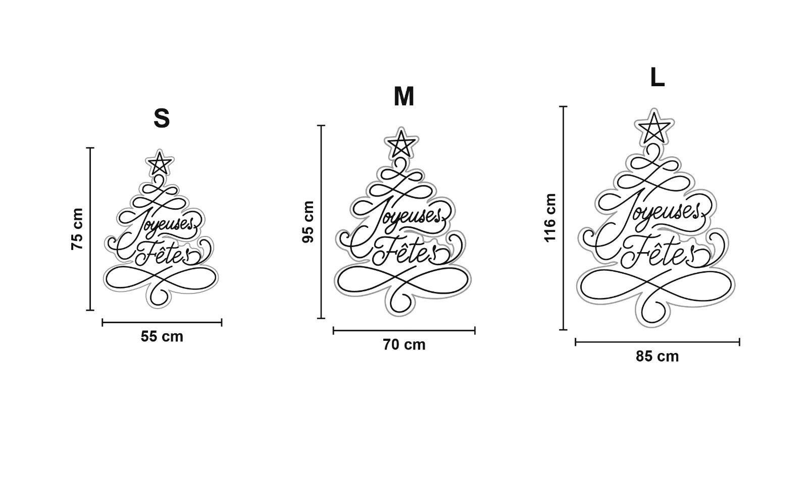 Joyeuses Fêtes — schéma des formats S, M et L