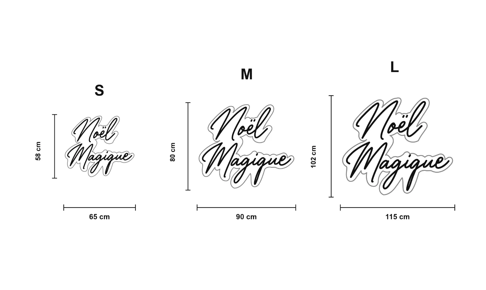 Noël Magique — schéma des formats S, M et L